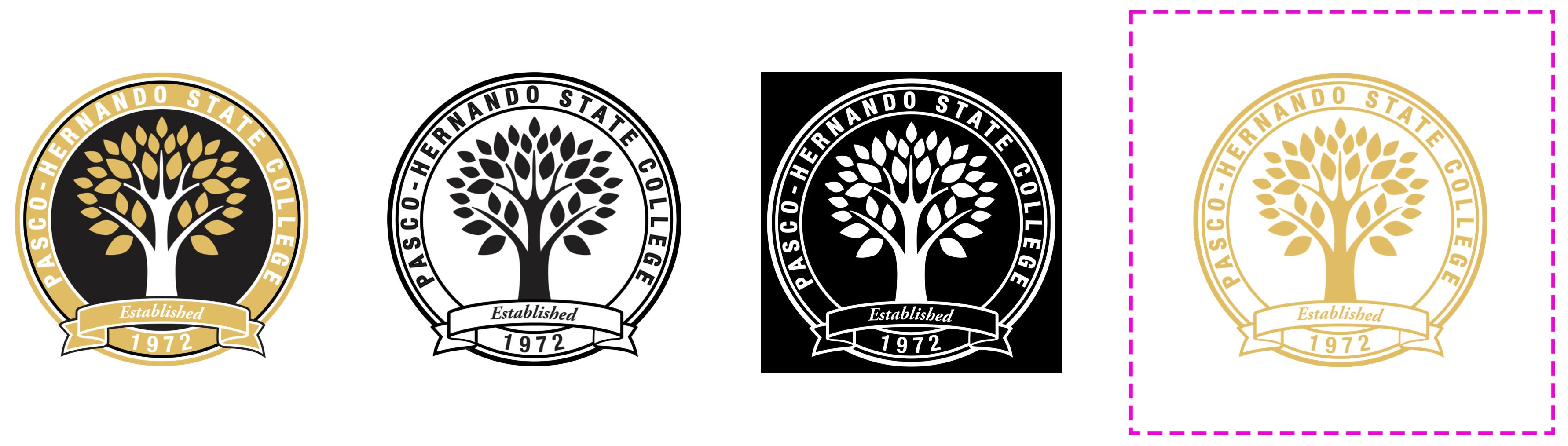 Four seal variations: one in gold and black, one in black in white background, one in white in black background and one in gold inside a pink dotted box.