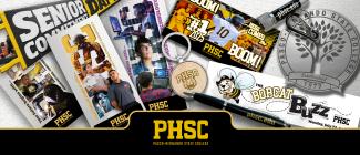 A collage of the College's marketing materials (PHSC brochures, keychain, pen and seal).