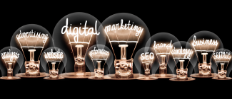 Clear lightbulbs of various sizes with the following text inside of each. Analysis, advertising, website, digital, performance, marketing, SEO, brand, strategy, business, and service..